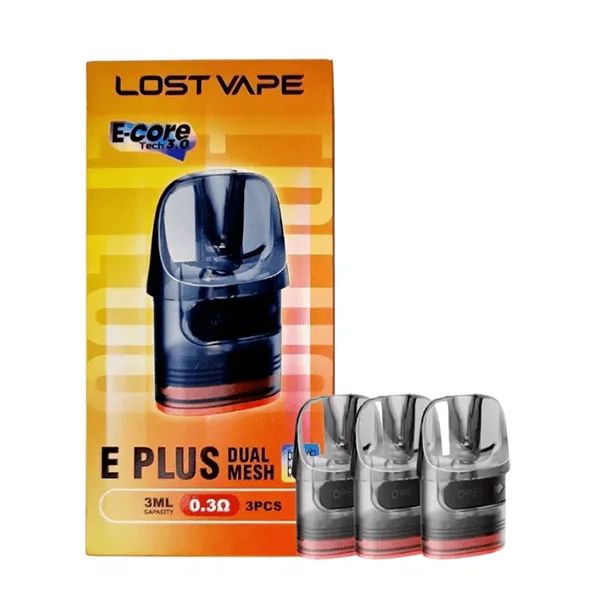Lost Vape E Plus Dual Mesh Replacement Pods (3-Pack) 0.3 ohm with packaging
