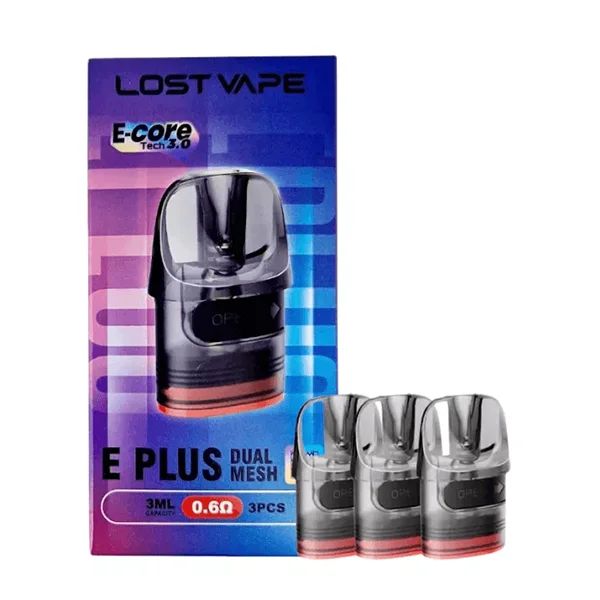 Lost Vape E Plus Dual Mesh Replacement Pods (3-Pack) 0.6 ohm with packaging