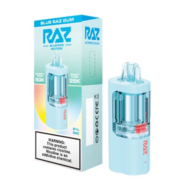 Raz Vue 50K Disposable POD Blue Raz Gum with packaging