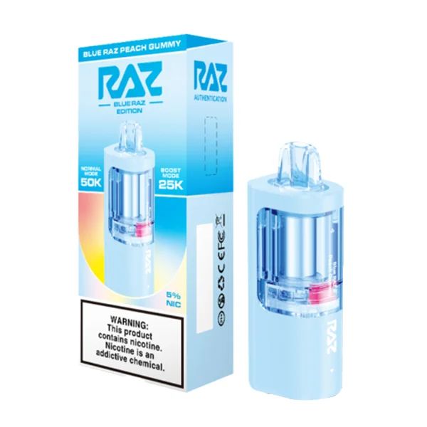 Raz Vue 50K Disposable POD Blue Raz Peach Gummy with packaging