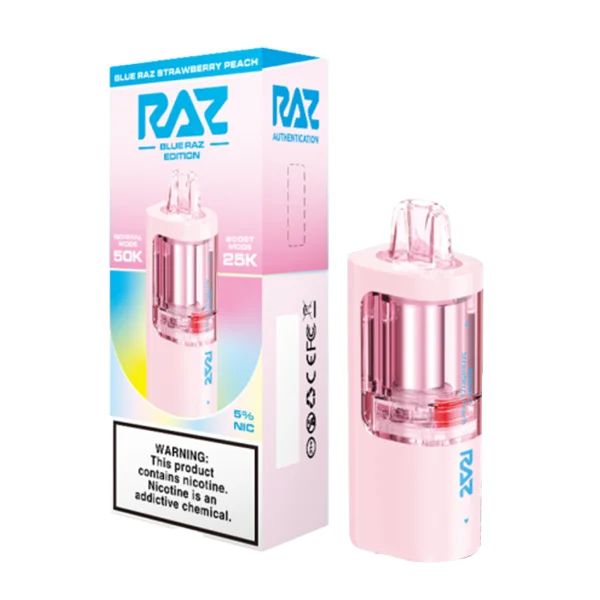 Raz Vue 50K Disposable POD Blue Raz Strawberry Peach with packaging